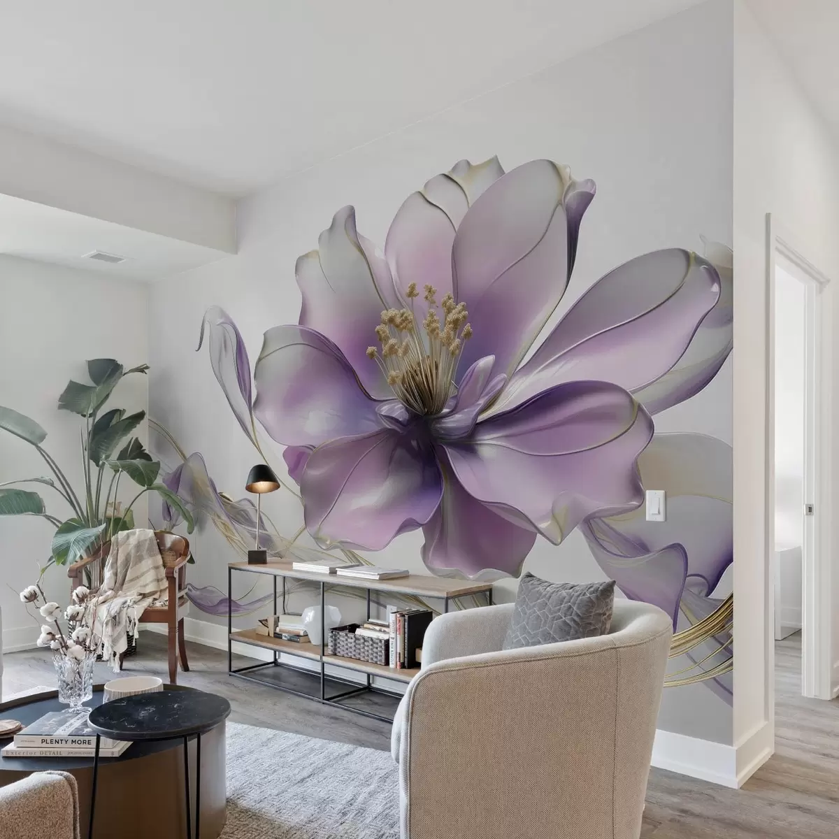 Fototapet Stor abstrakt blomma på väggen i lila nyans w08902v1