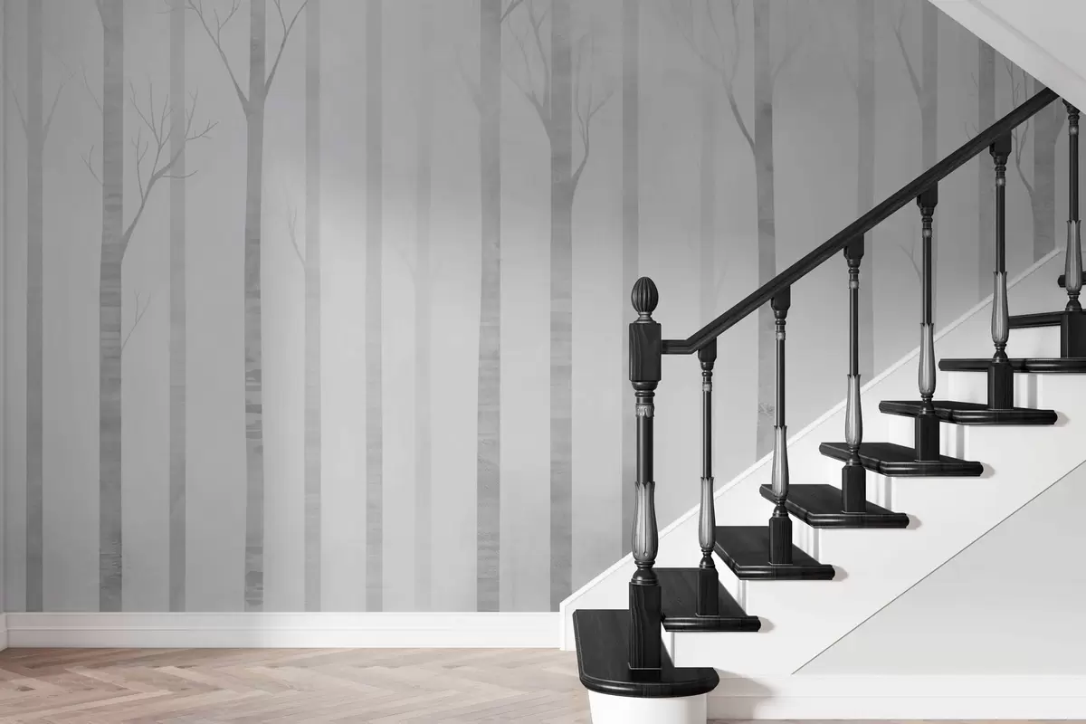 Fototapet Trädstammar i dimman i gråskala w03386