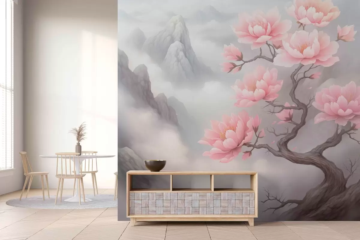 Fototapet Torrt träd med stora blommor på bergssluttningen w03388