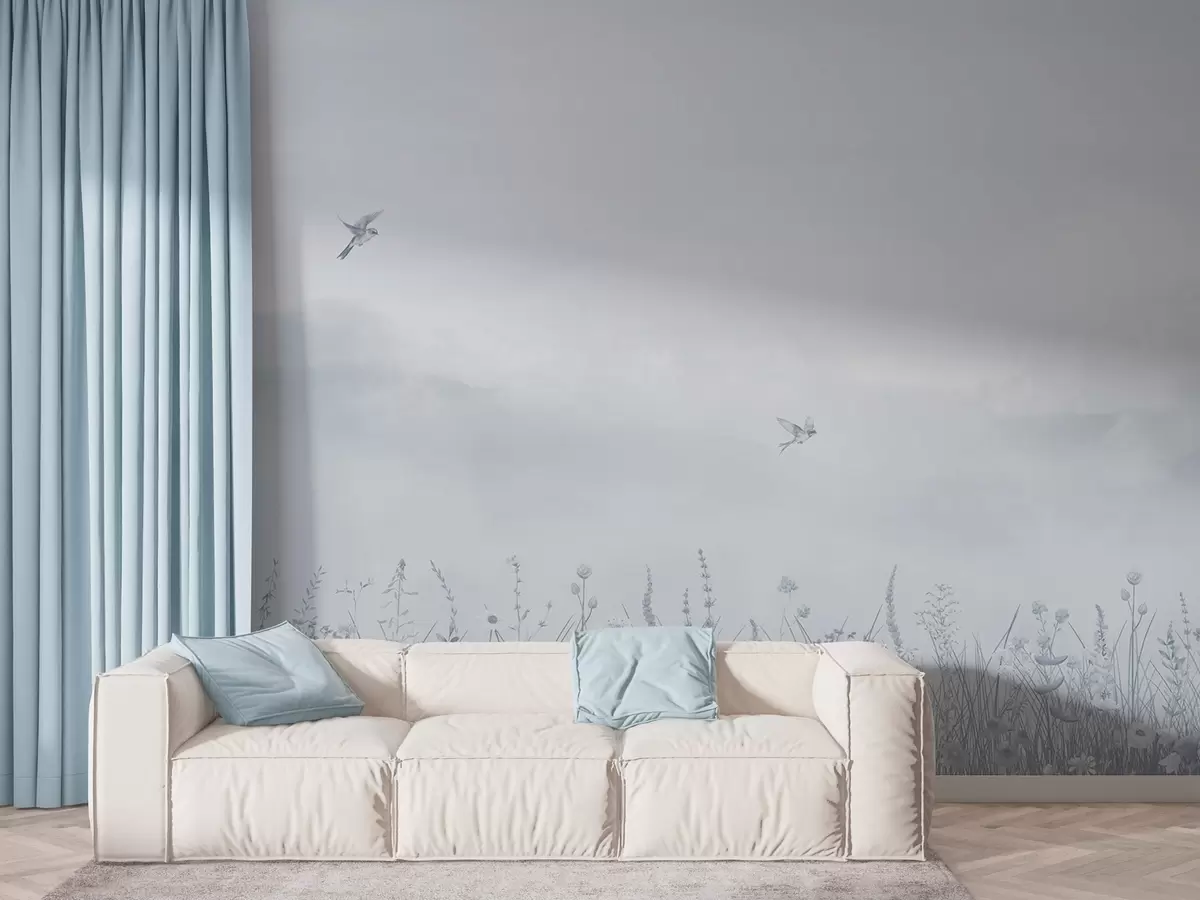 Fototapet Vilda blommor och disig himmel i blå toner w03391v1