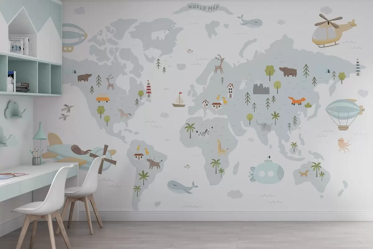 Fototapet Världskarta för barn med djur och flygplan w03392