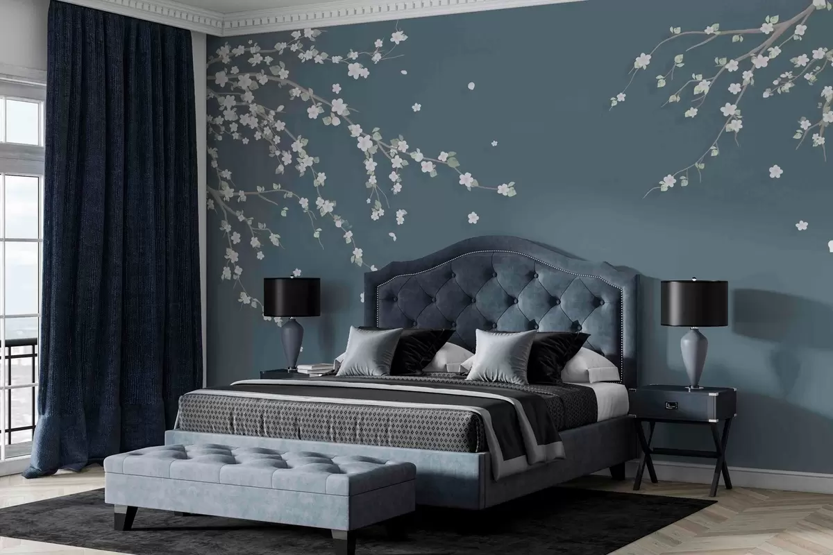 Fototapet Blommande gren på bakgrund av en vägg i blå grungestil w03393v1