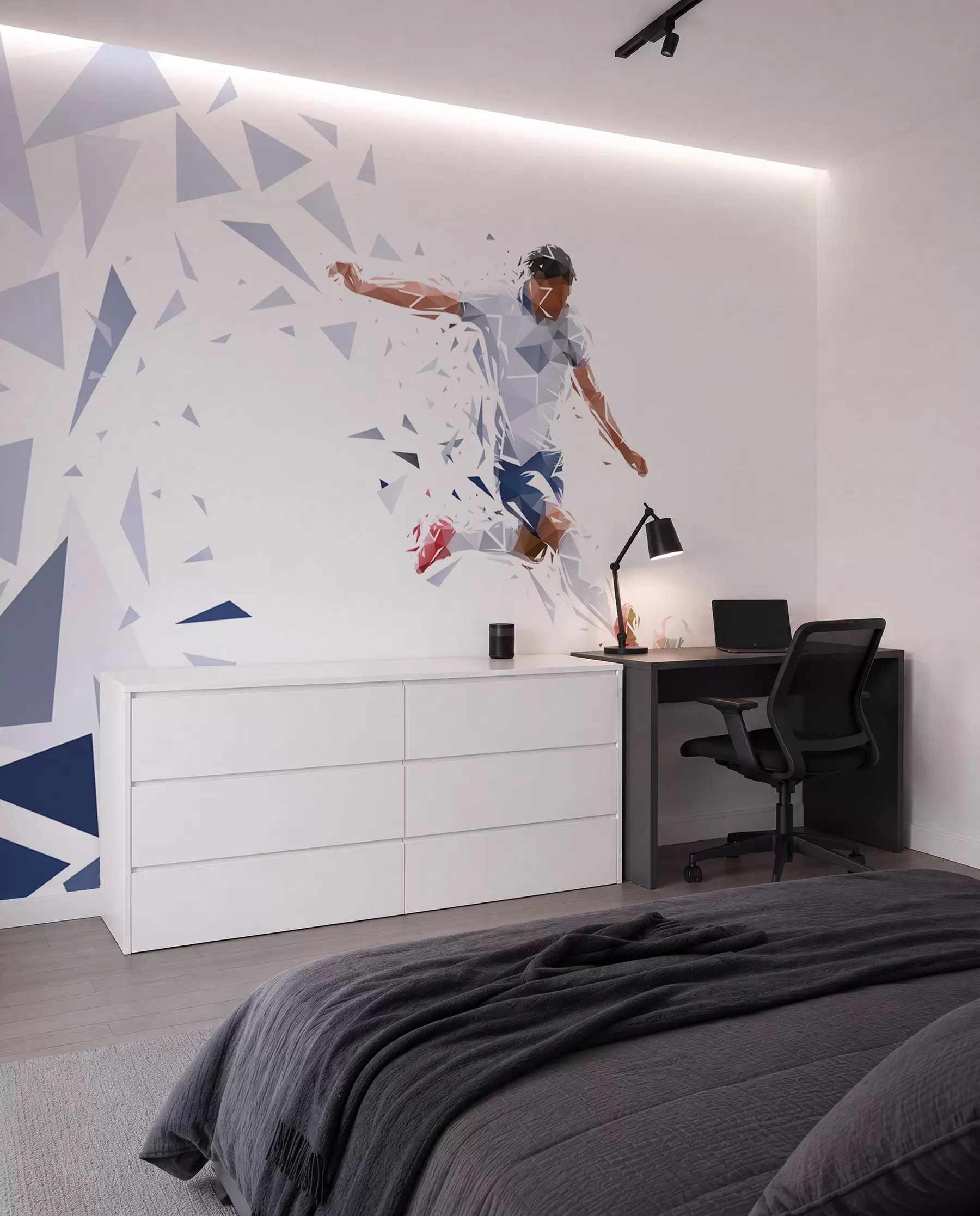 Fototapet Dynamisk fotbollsspelare i low-poly-stil som slår till bollen w03289