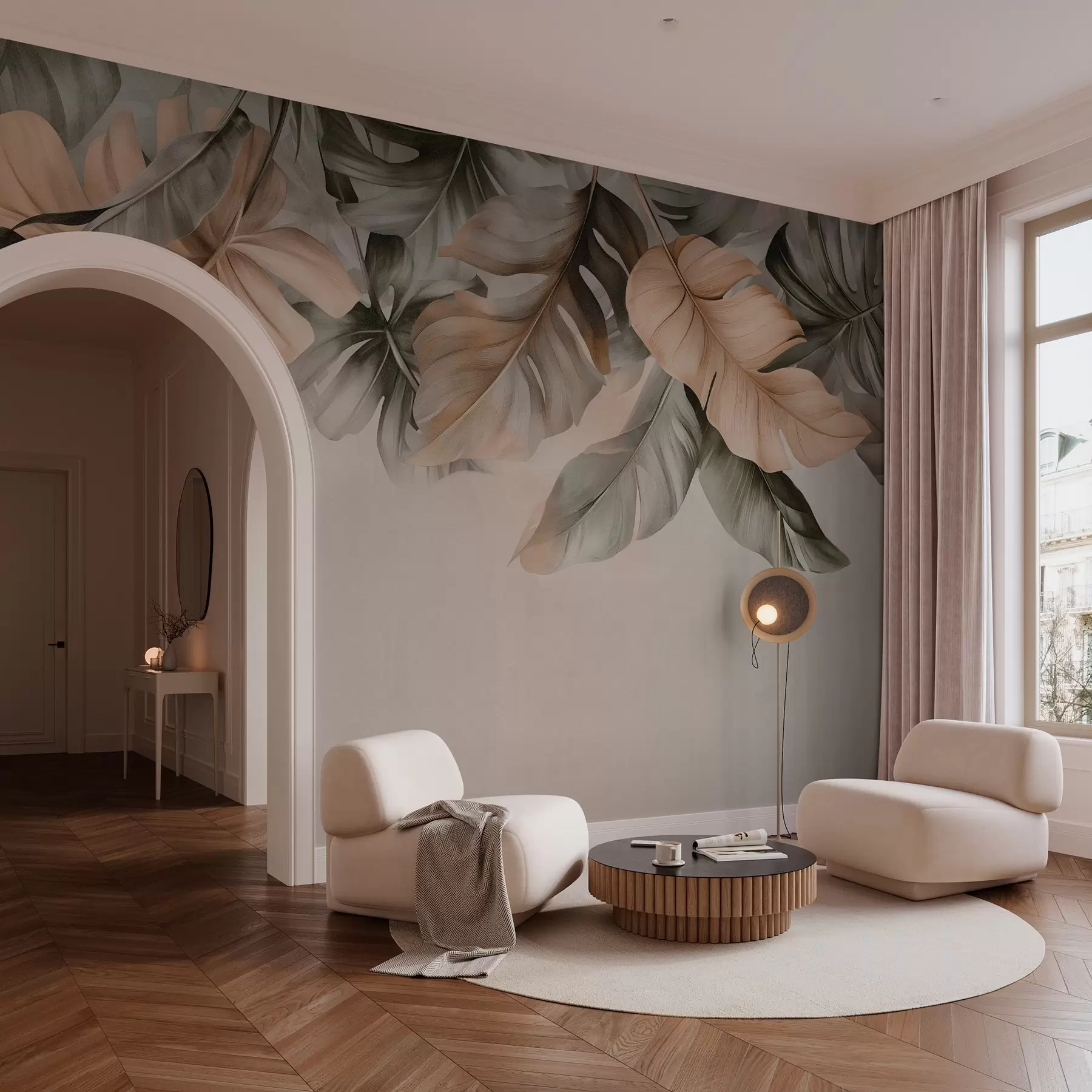 Fototapet Tropiska blad som hänger från toppen, på en texturerad bakgrund w03290