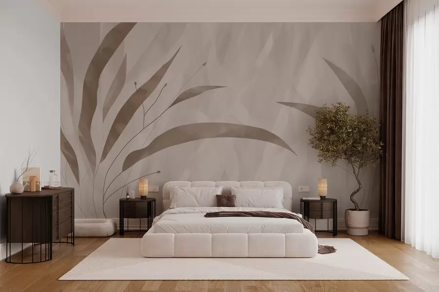 Fototapet Ekologisk stil, växter på en texturerad heterogen bakgrund i beige toner w03394