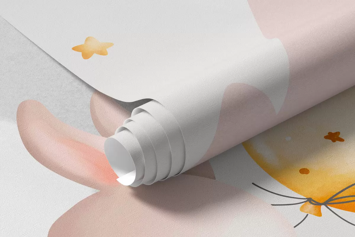 Fototapet Kaniner med ballonger på moln bland bergstoppar w03375