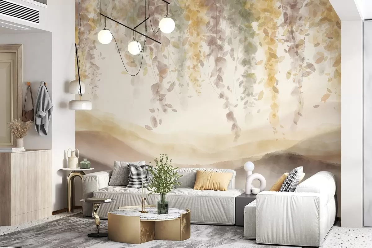 Fototapet Blåregn hänger över blå berg, mjuka pastellfärger i gult och brunt, landskap i akvarellstil w08909v1