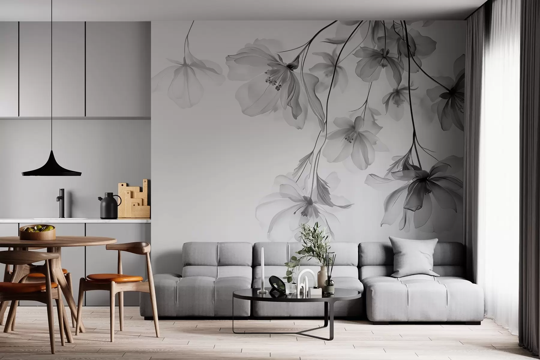 Fototapet Svarta blommor med genomskinliga kronblad som hänger från en gren, svartvitt, minimalistisk modern konstkomposition w08911