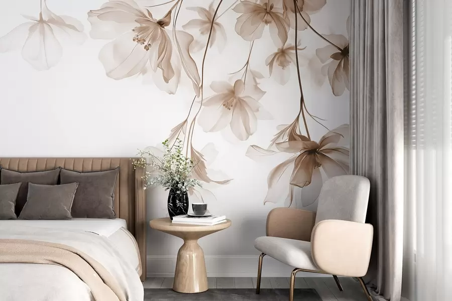 Fototapet Beige blommor med genomskinliga kronblad som hänger från en gren, beige och vitt, minimalistisk modern konstkomposition w08911v1