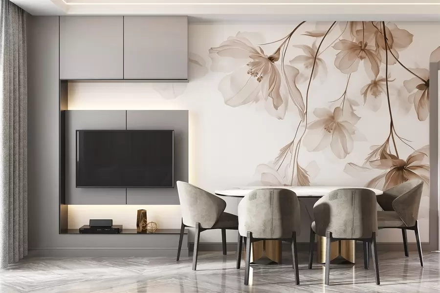 Fototapet Beige blommor med genomskinliga kronblad som hänger från en gren, beige och vitt, minimalistisk modern konstkomposition w08911v1