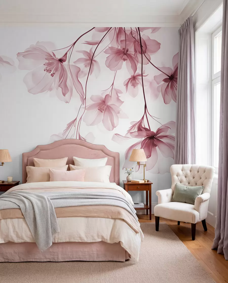 Fototapet Rosa blommor med genomskinliga kronblad som hänger från en gren, rosa och vitt, minimalistisk modern konstkomposition w08911v2