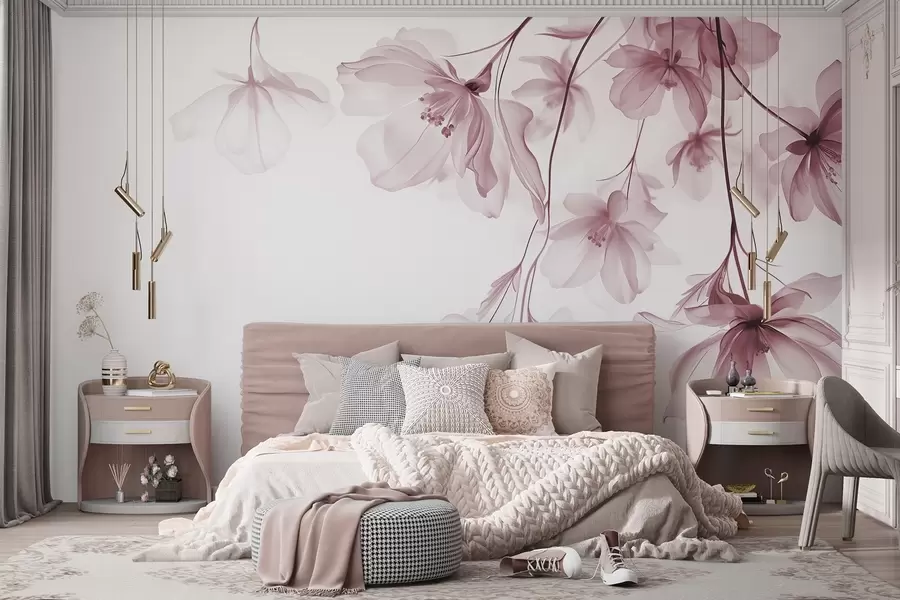 Fototapet Rosa blommor med genomskinliga kronblad som hänger från en gren, rosa och vitt, minimalistisk modern konstkomposition w08911v2