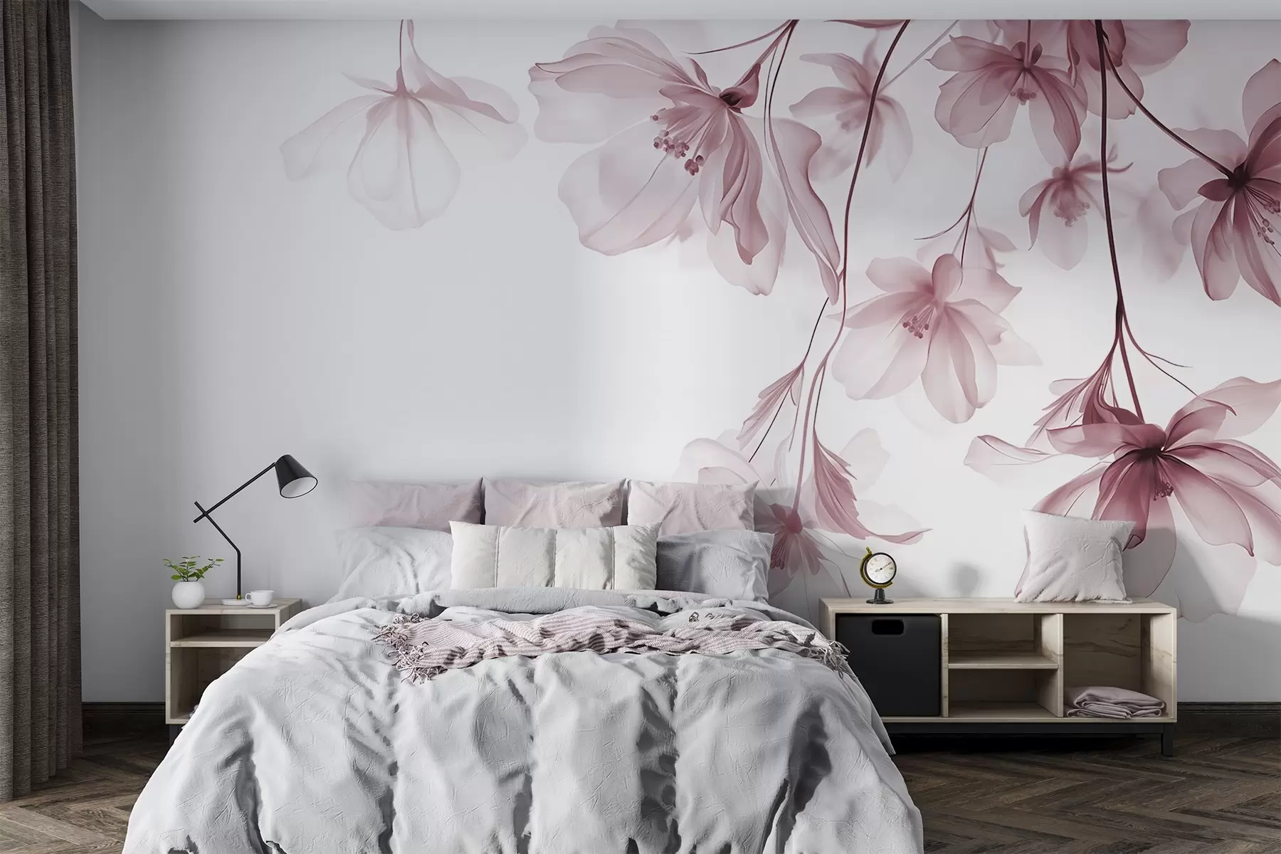 Fototapet Rosa blommor med genomskinliga kronblad som hänger från en gren, rosa och vitt, minimalistisk modern konstkomposition w08911v2