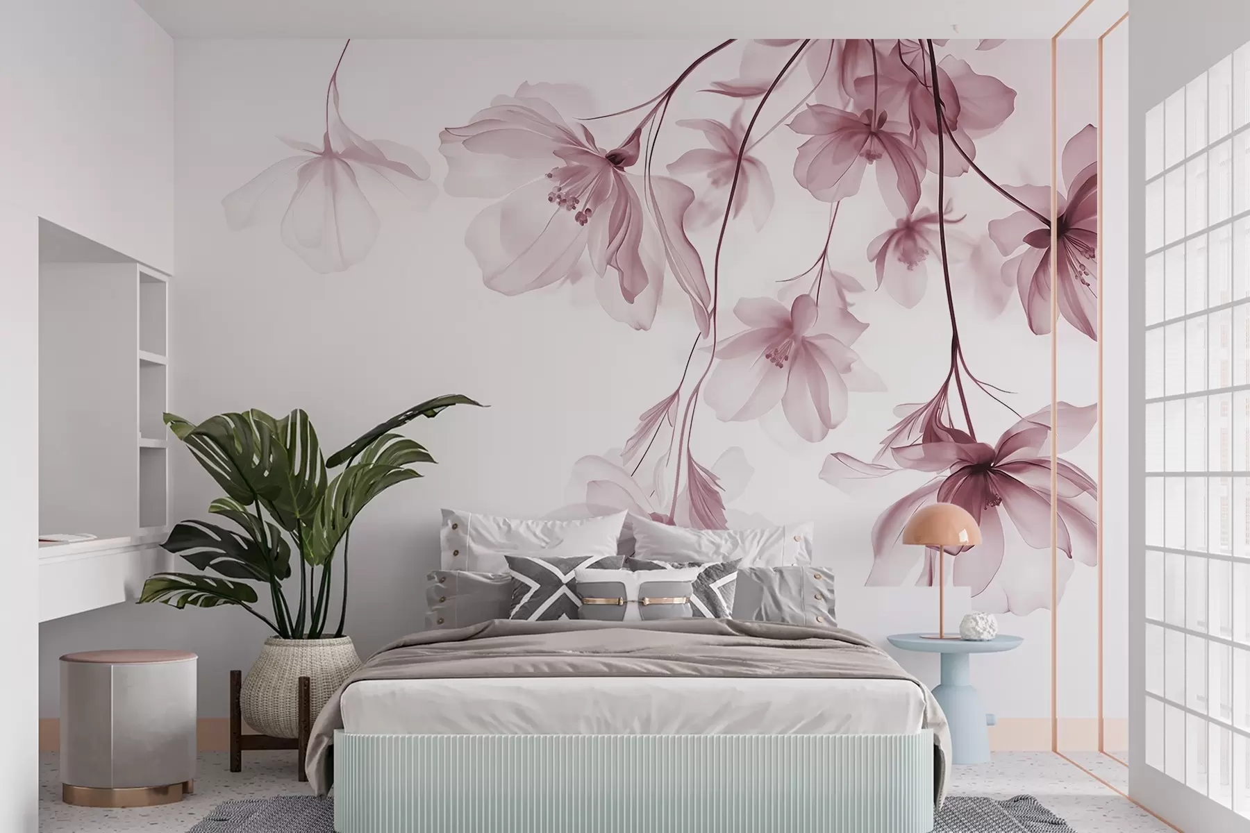 Fototapet Rosa blommor med genomskinliga kronblad som hänger från en gren, rosa och vitt, minimalistisk modern konstkomposition w08911v2