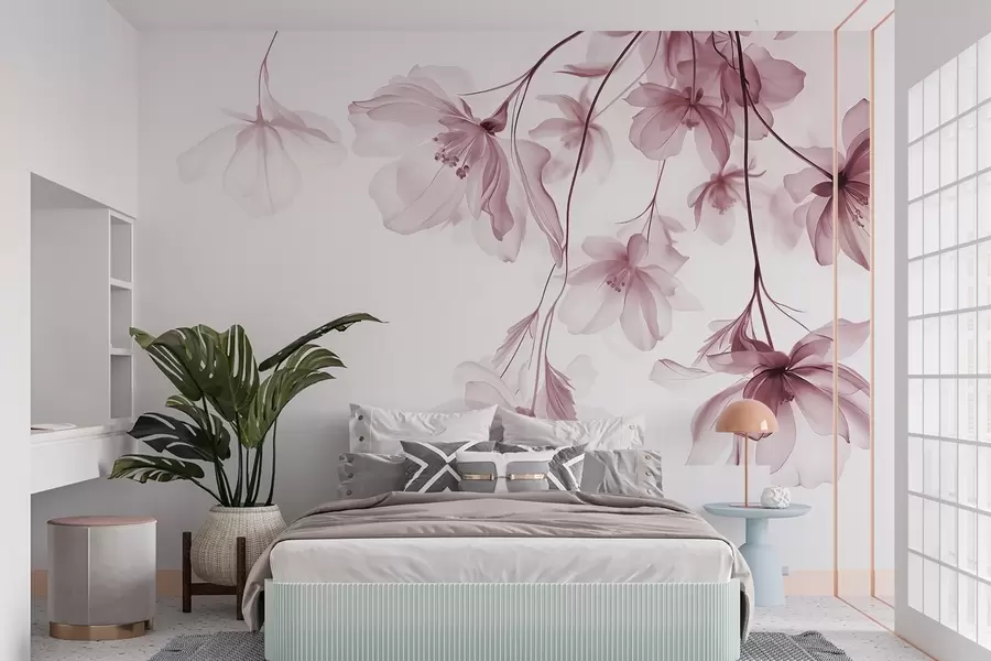 Fototapet Rosa blommor med genomskinliga kronblad som hänger från en gren, rosa och vitt, minimalistisk modern konstkomposition w08911v2