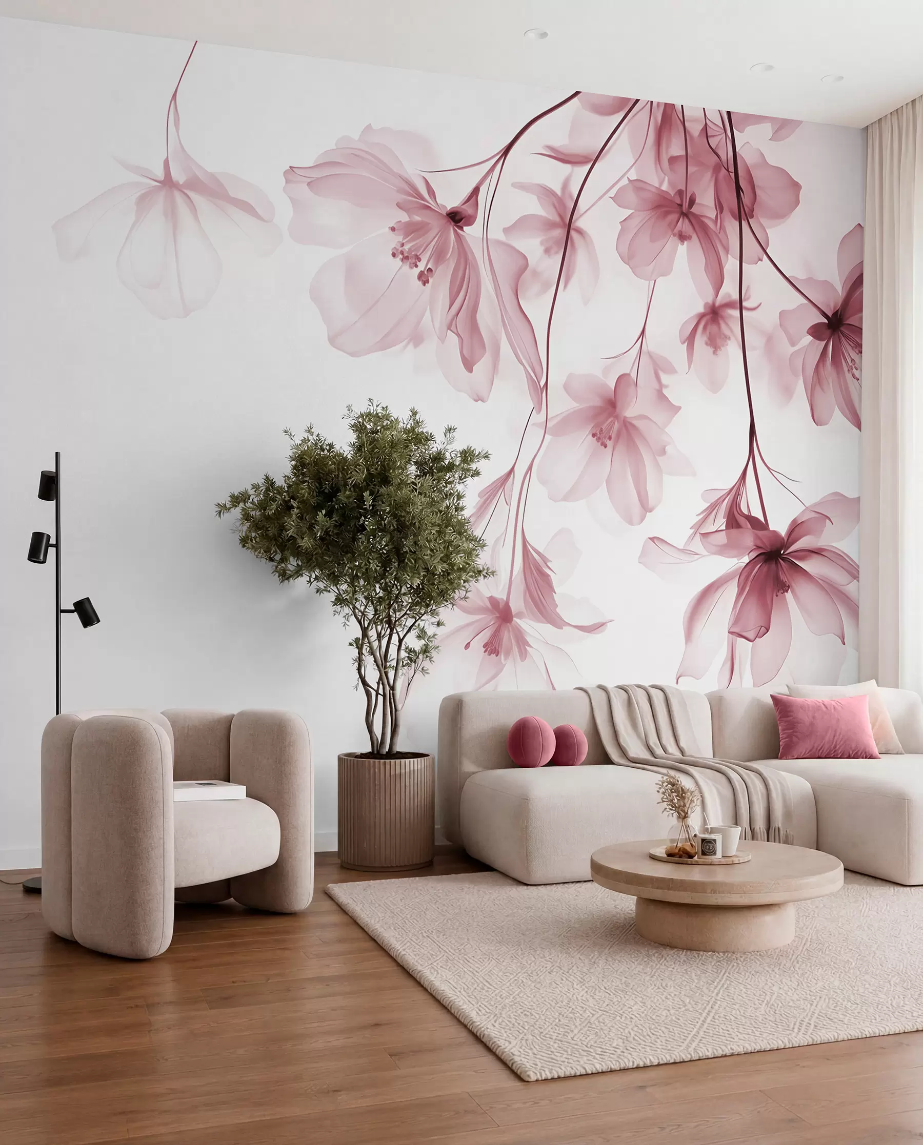 Fototapet Rosa blommor med genomskinliga kronblad som hänger från en gren, rosa och vitt, minimalistisk modern konstkomposition w08911v2