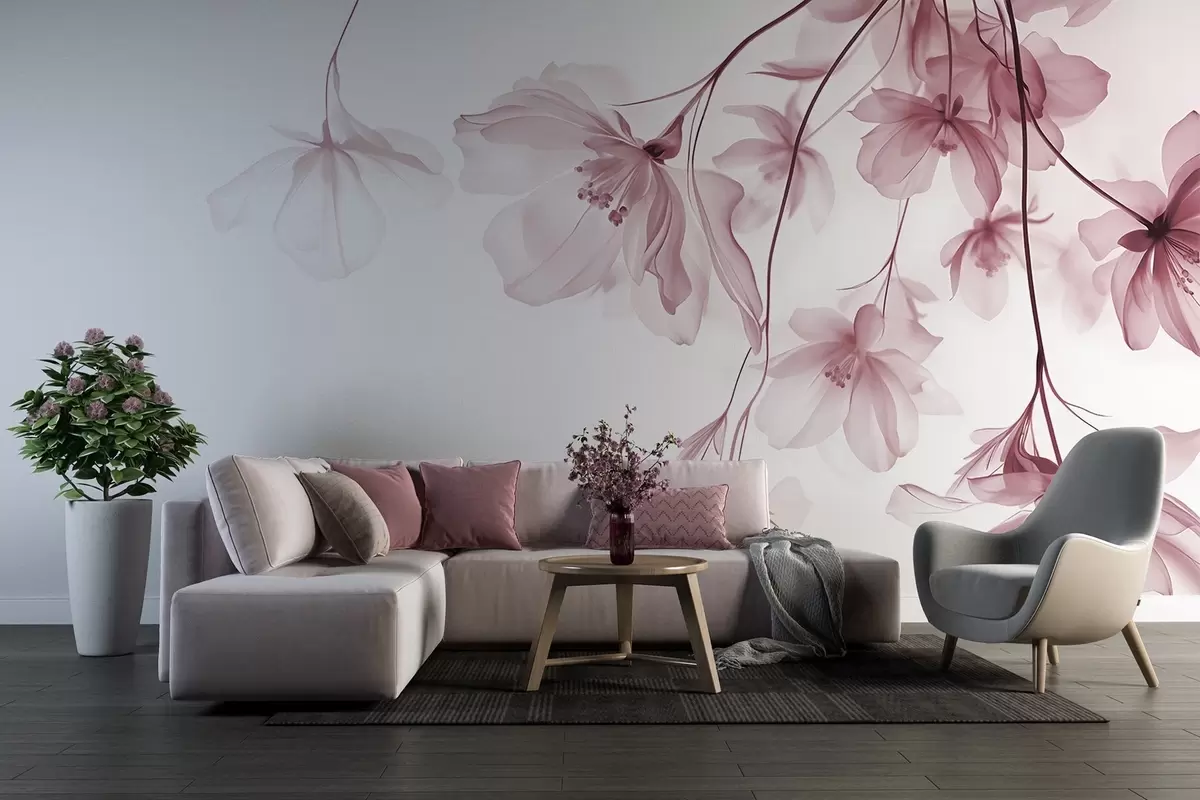 Fototapet Rosa blommor med genomskinliga kronblad som hänger från en gren, rosa och vitt, minimalistisk modern konstkomposition w08911v2