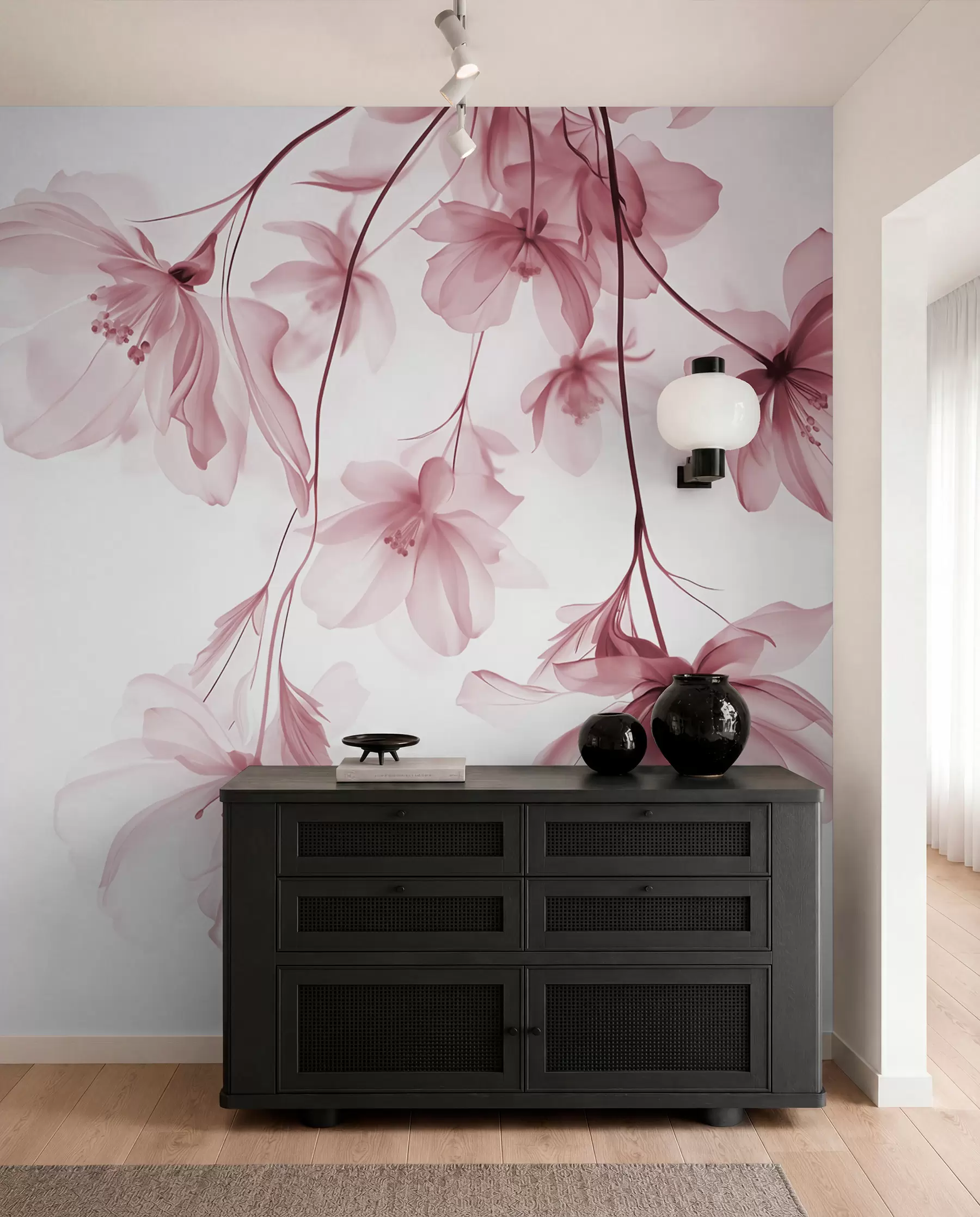 Fototapet Rosa blommor med genomskinliga kronblad som hänger från en gren, rosa och vitt, minimalistisk modern konstkomposition w08911v2