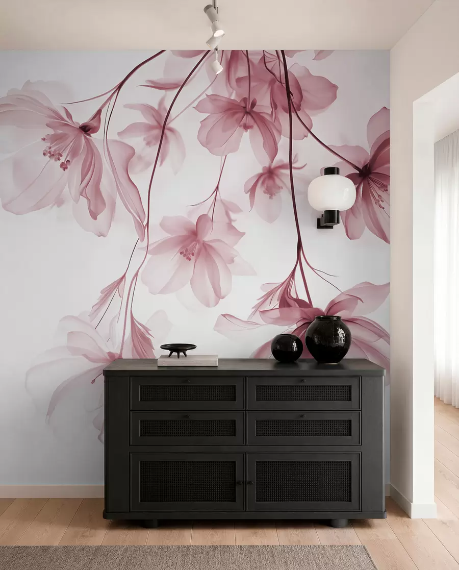 Fototapet Rosa blommor med genomskinliga kronblad som hänger från en gren, rosa och vitt, minimalistisk modern konstkomposition w08911v2