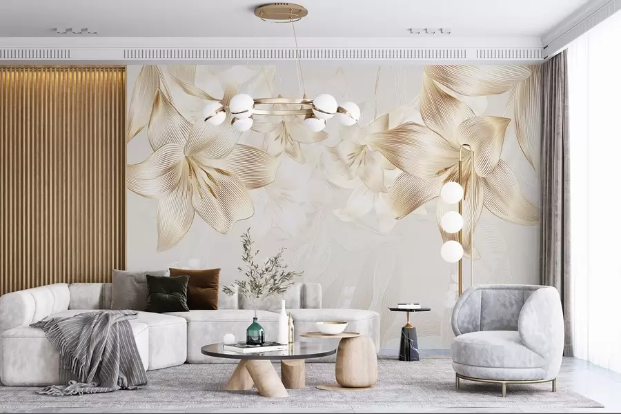 Fototapet Gula liljor med intrikata linjedetaljer, elegant blomsterarrangemang, neutral färgpalett w08912