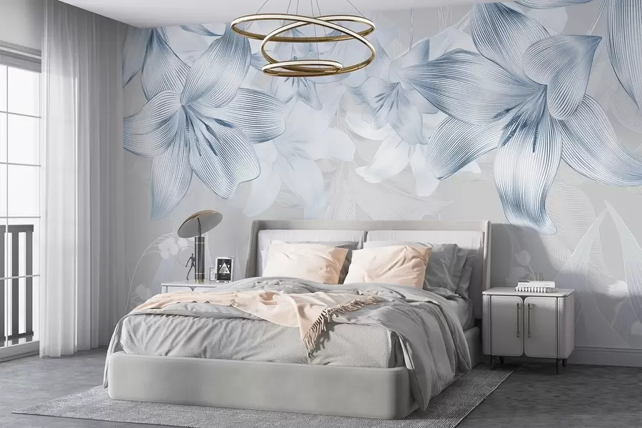 Fototapet Blå liljor med intrikata linjedetaljer, elegant blomsterarrangemang, neutral färgpalett w08912v1