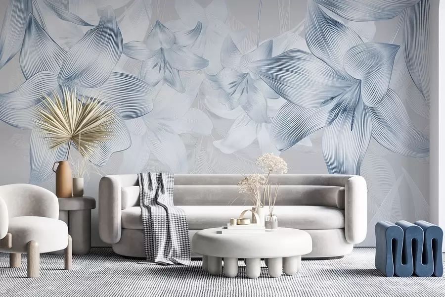 Fototapet Blå liljor med intrikata linjedetaljer, elegant blomsterarrangemang, neutral färgpalett w08912v1