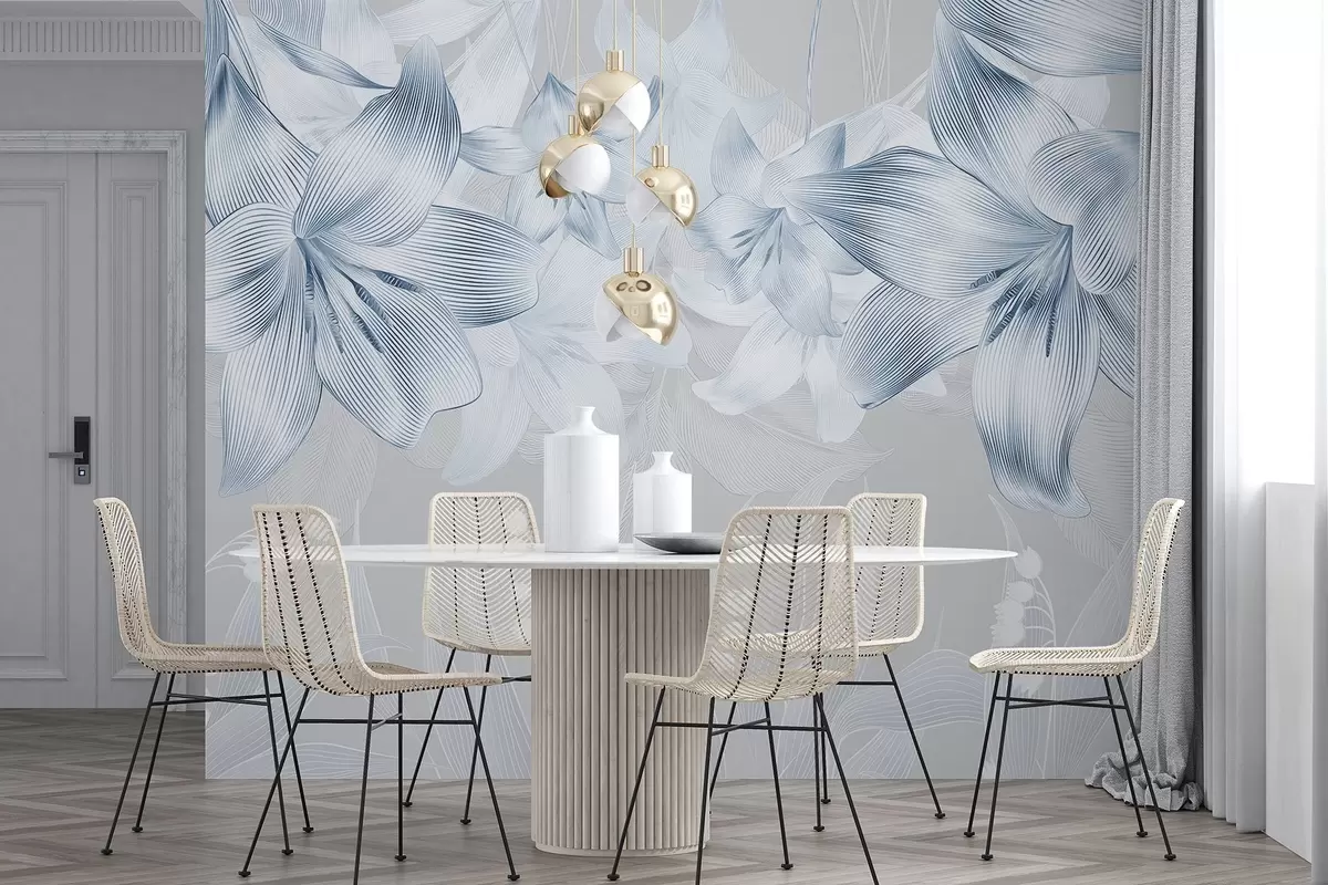 Fototapet Blå liljor med intrikata linjedetaljer, elegant blomsterarrangemang, neutral färgpalett w08912v1