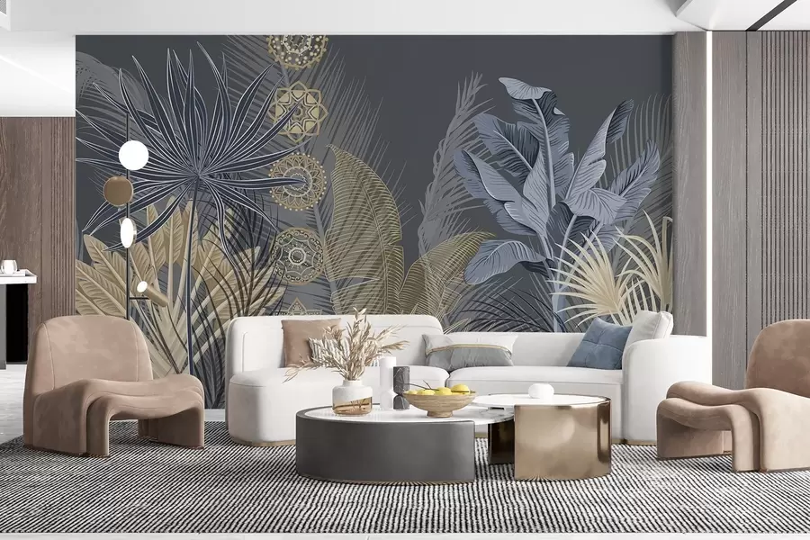 Fototapet Tropiska blad i blå och bruna toner, palmblad, bananblad och mandalaornament, mörk bakgrund w08913