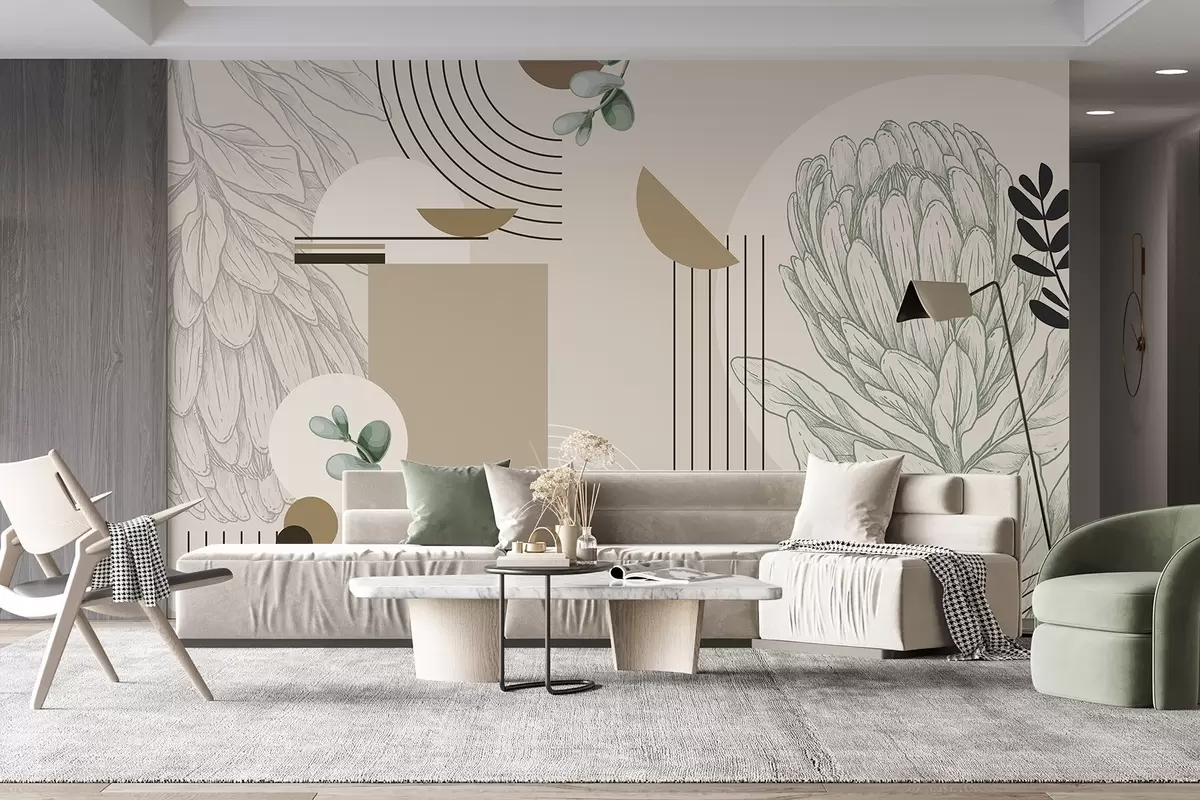 Fototapet Abstrakt botaniskt tryck med proteablomma, eukalyptusblad, geometriska former i minimalistisk stil, pastellfärger w08914