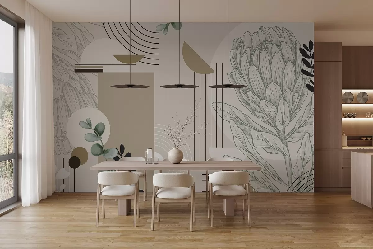 Fototapet Abstrakt botaniskt tryck med proteablomma, eukalyptusblad, geometriska former i minimalistisk stil, pastellfärger w08914