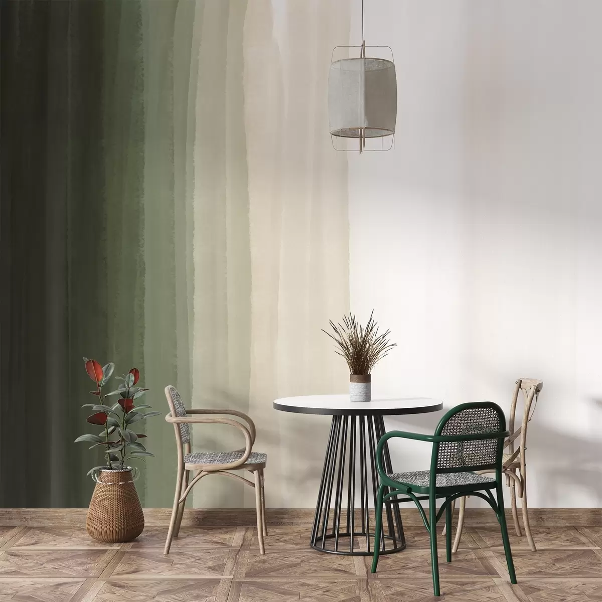 Fototapet Abstrakt minimalistiskt gradienttryck med vertikala ränder i mörkgrönt, beige och vitt  w08915