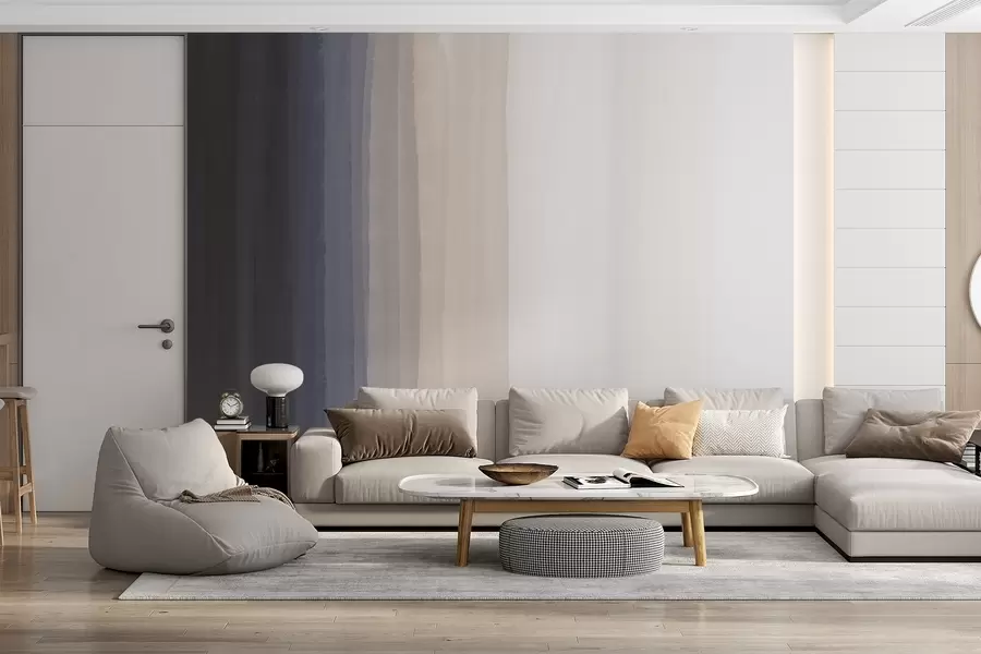 Fototapet Abstrakt minimalistiskt gradienttryck med vertikala ränder i mörkblått, ljus persika och vitt  w08915v1
