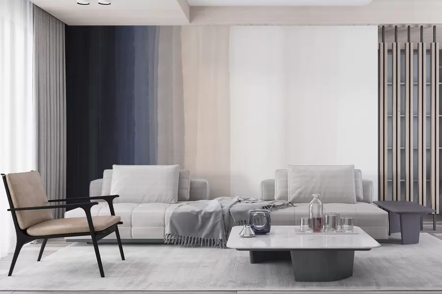 Fototapet Abstrakt minimalistiskt gradienttryck med vertikala ränder i mörkblått, ljus persika och vitt  w08915v1