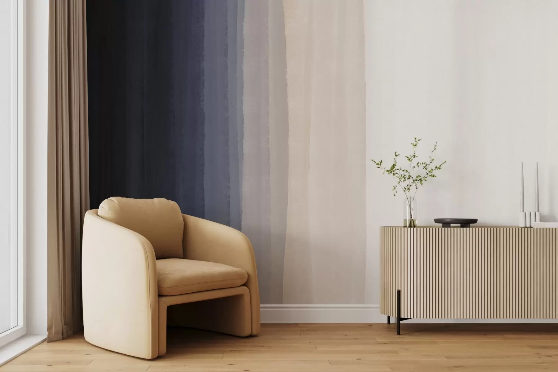 Fototapet Abstrakt minimalistiskt gradienttryck med vertikala ränder i mörkblått, ljus persika och vitt  w08915v1
