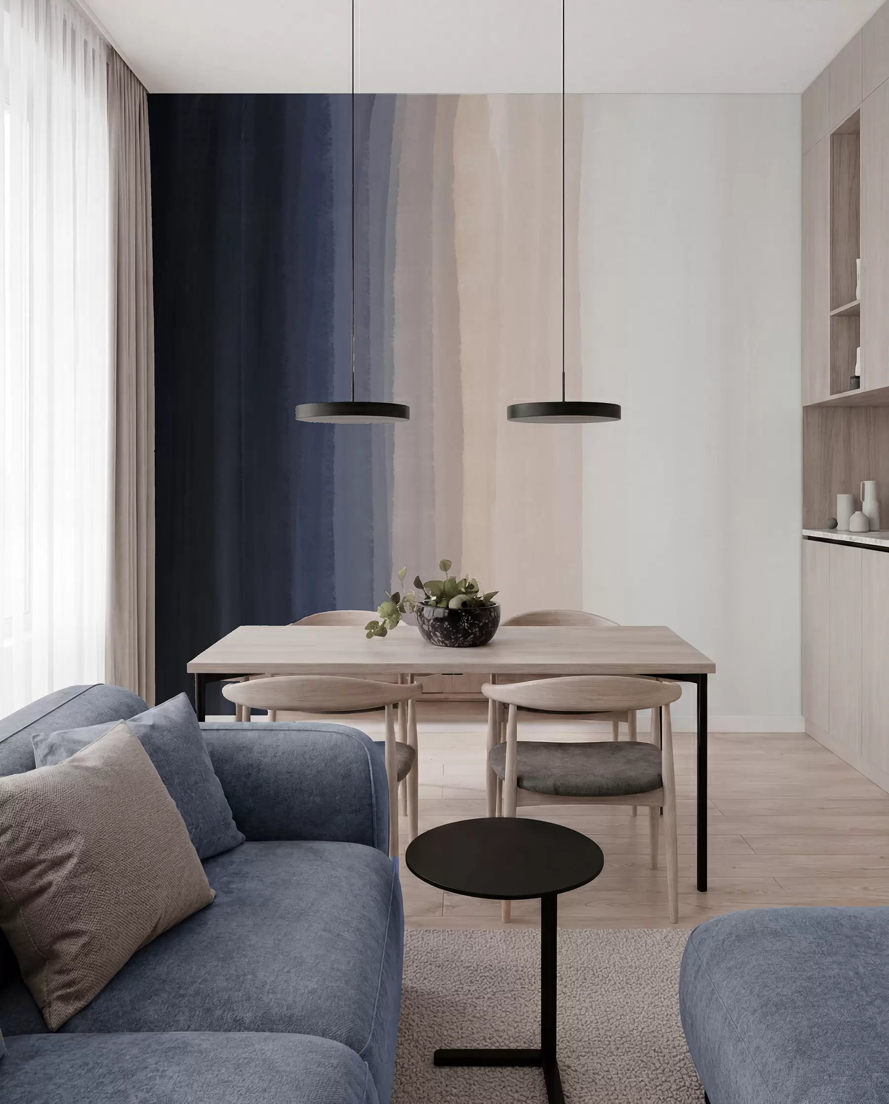 Fototapet Abstrakt minimalistiskt gradienttryck med vertikala ränder i mörkblått, ljus persika och vitt  w08915v1