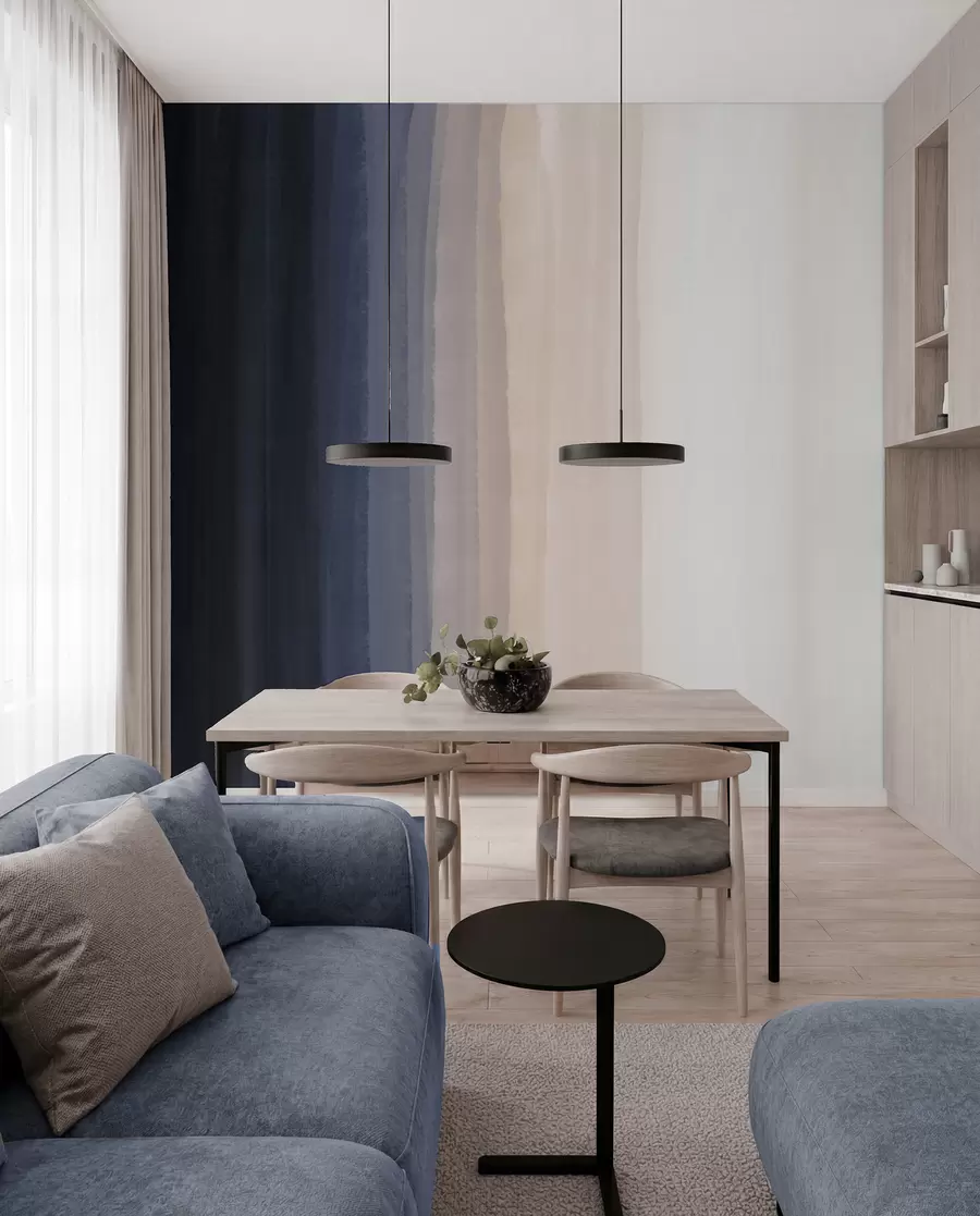 Fototapet Abstrakt minimalistiskt gradienttryck med vertikala ränder i mörkblått, ljus persika och vitt  w08915v1