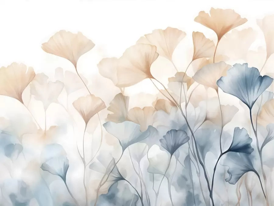 Fototapet Ginkgoblad i blå och orange akvarell, genomskinliga kronblad, skira stjälkar, mjuk färgpalett w08917