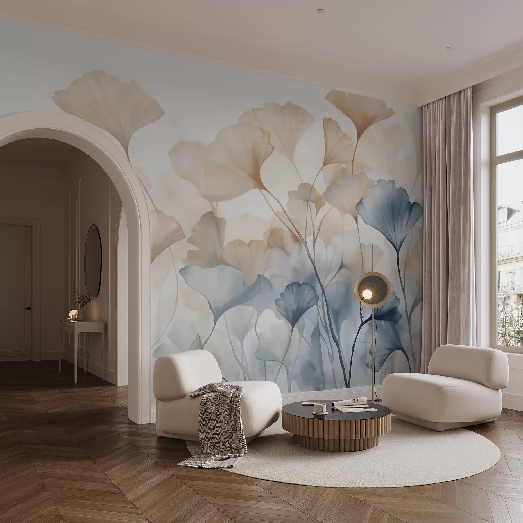 Fototapet Ginkgoblad i blå och orange akvarell, genomskinliga kronblad, skira stjälkar, mjuk färgpalett w08917