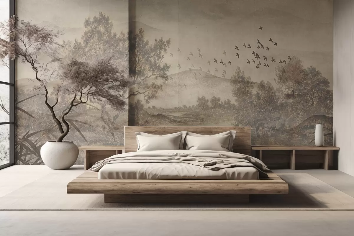 Fototapet Texturerat vintagelandskap med ett träd nära en flod och en molnig himmel, naturkonst i sepiatoner w08920