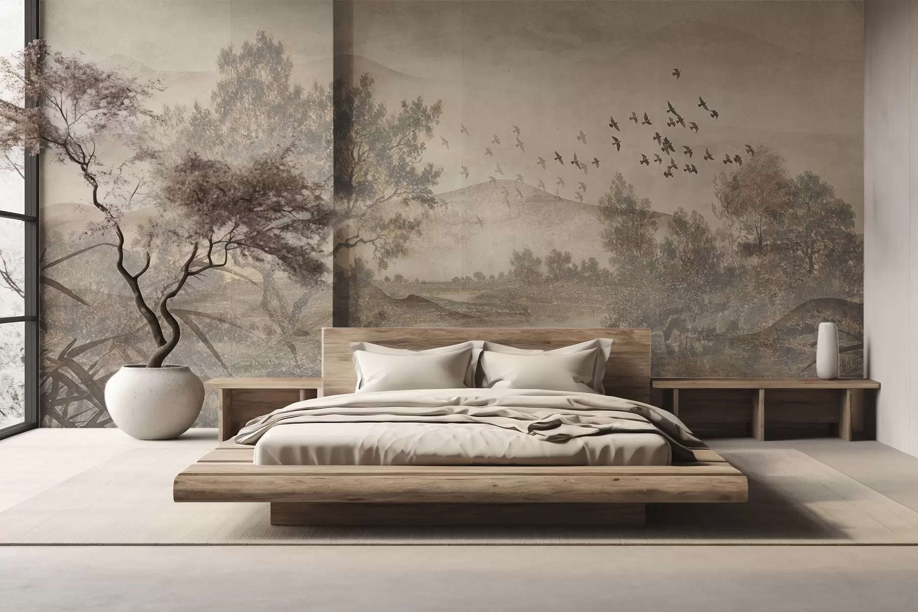 Fototapet Texturerat vintagelandskap med ett träd nära en flod och en molnig himmel, naturkonst i sepiatoner w08920