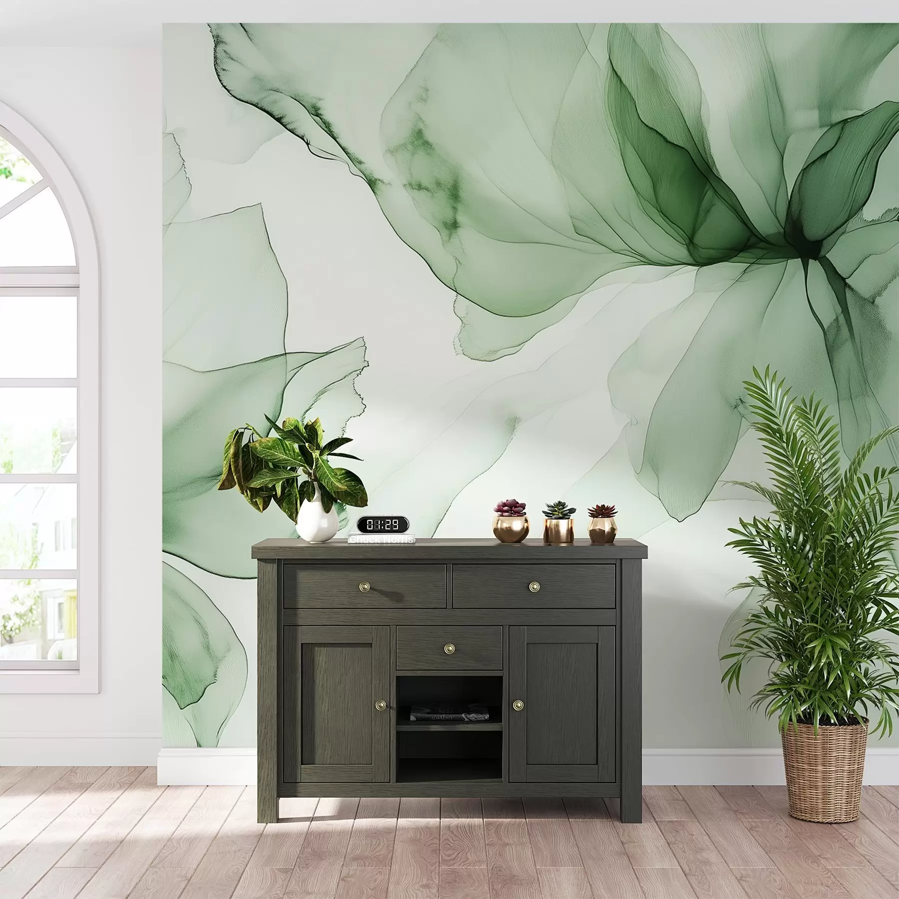 Fototapet Blommor i flytande stil, blomsterabstraktion, akvarell, grön färgpalett  w03406