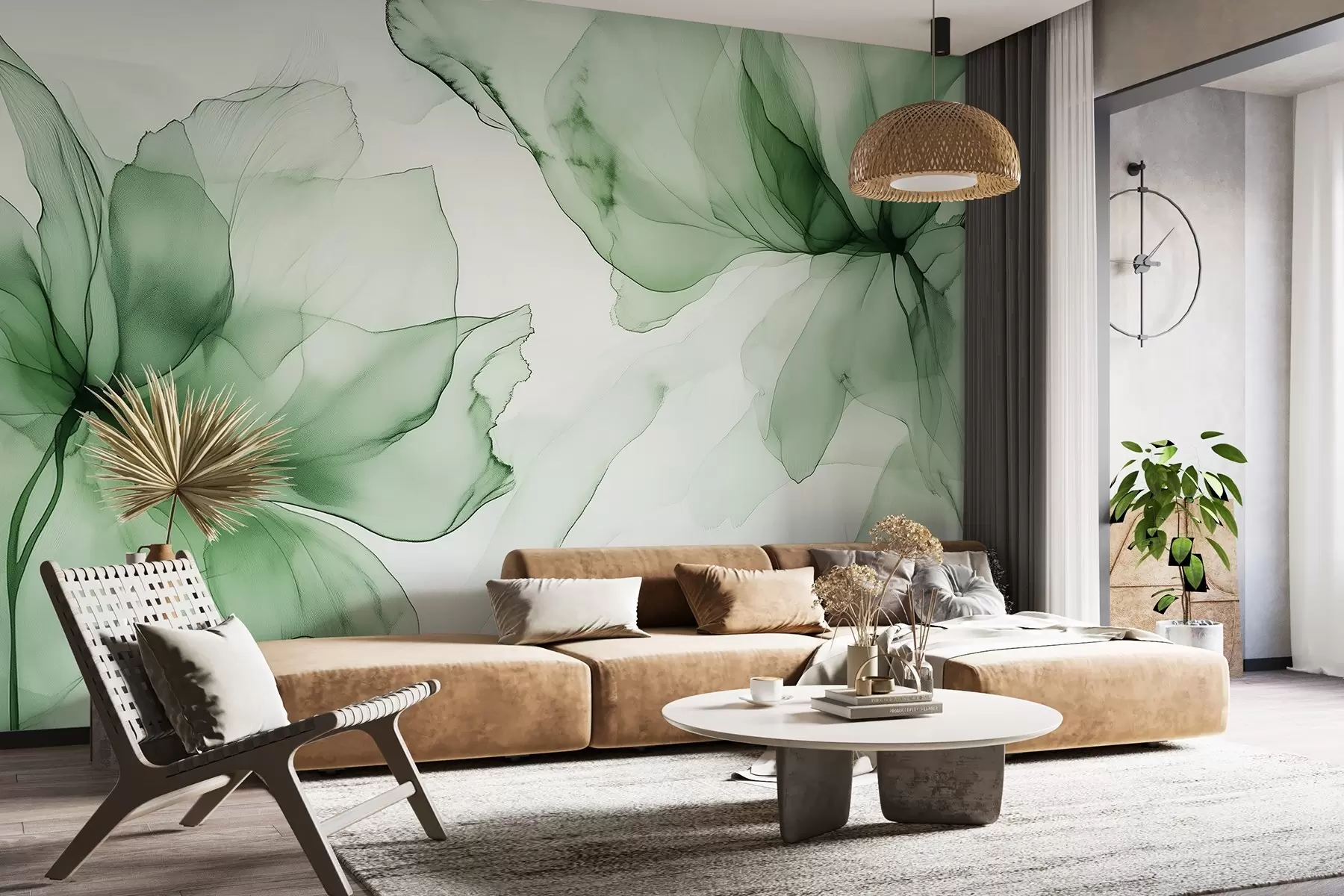 Fototapet Blommor i flytande stil, blomsterabstraktion, akvarell, grön färgpalett  w03406