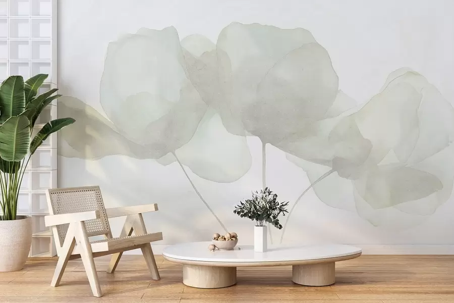 Fototapet Vackra blommor, mjuka pasteller, minimalism, naturligt, rustikt, beige och grönt w03407