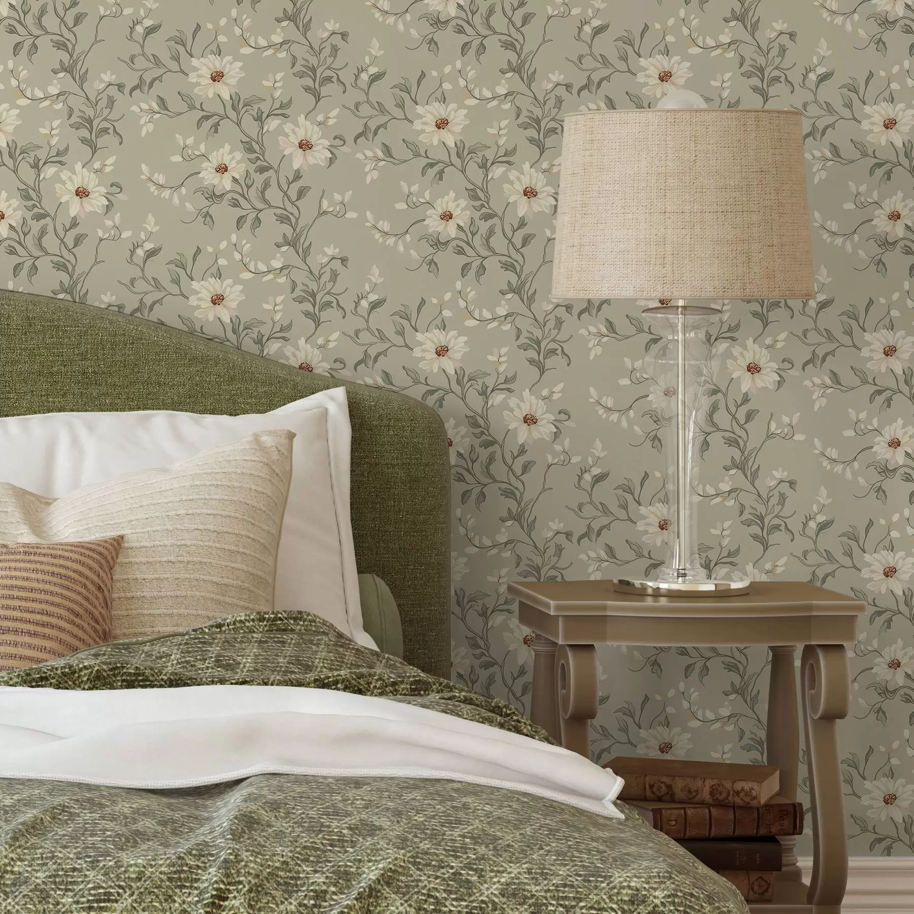 Fototapet Vita blommor med slingrande blad mot ljus bakgrund a00001v1