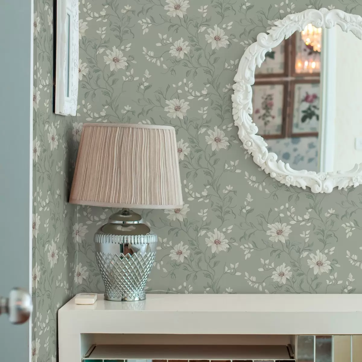 Bakgrund Vita blommor med slingrande blad a00001