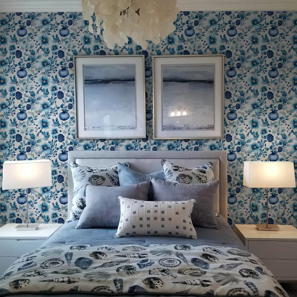 Bakgrund Blå blommor och granatäpplen a00002