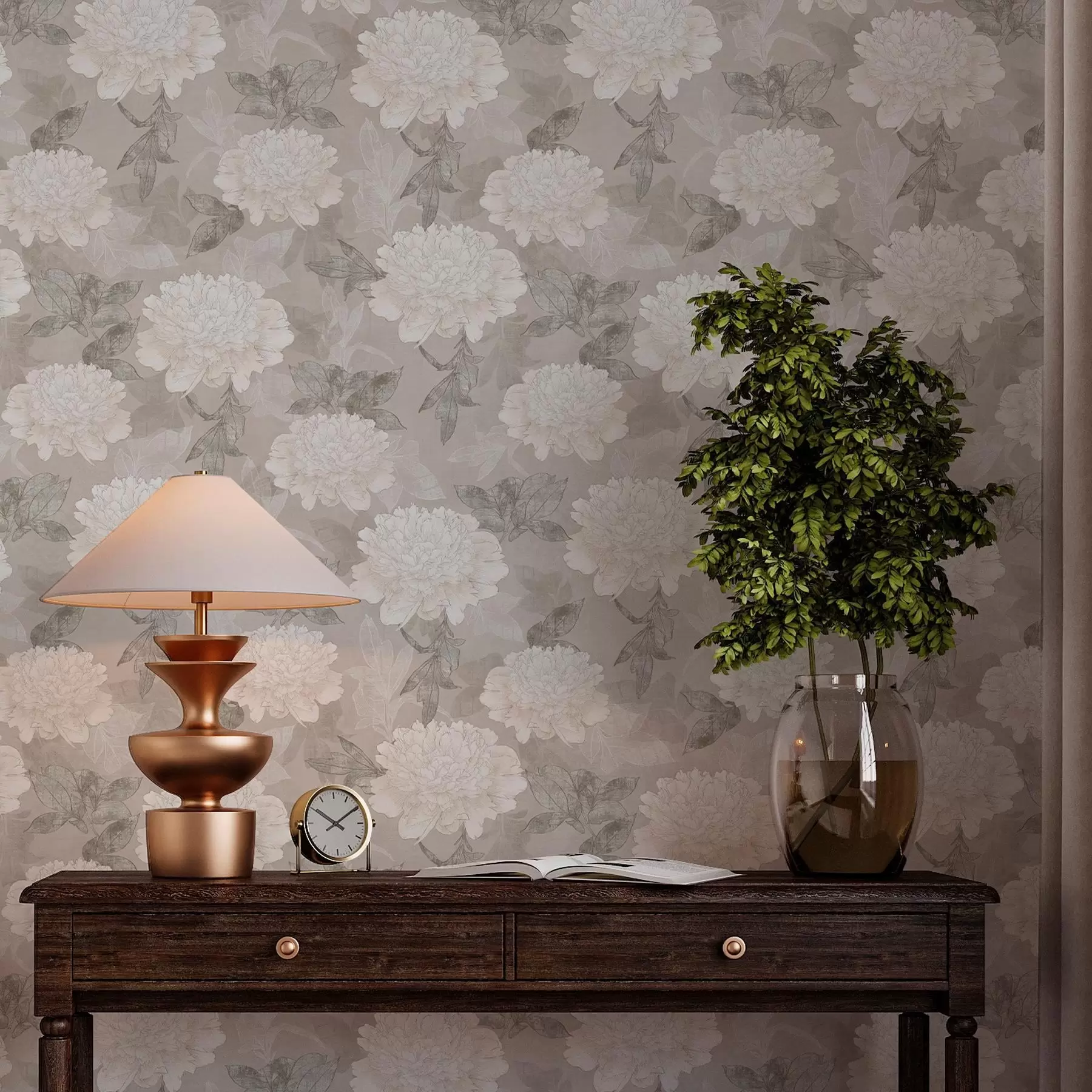 Fototapet Ljusa pioner och blad i grungestil a00005