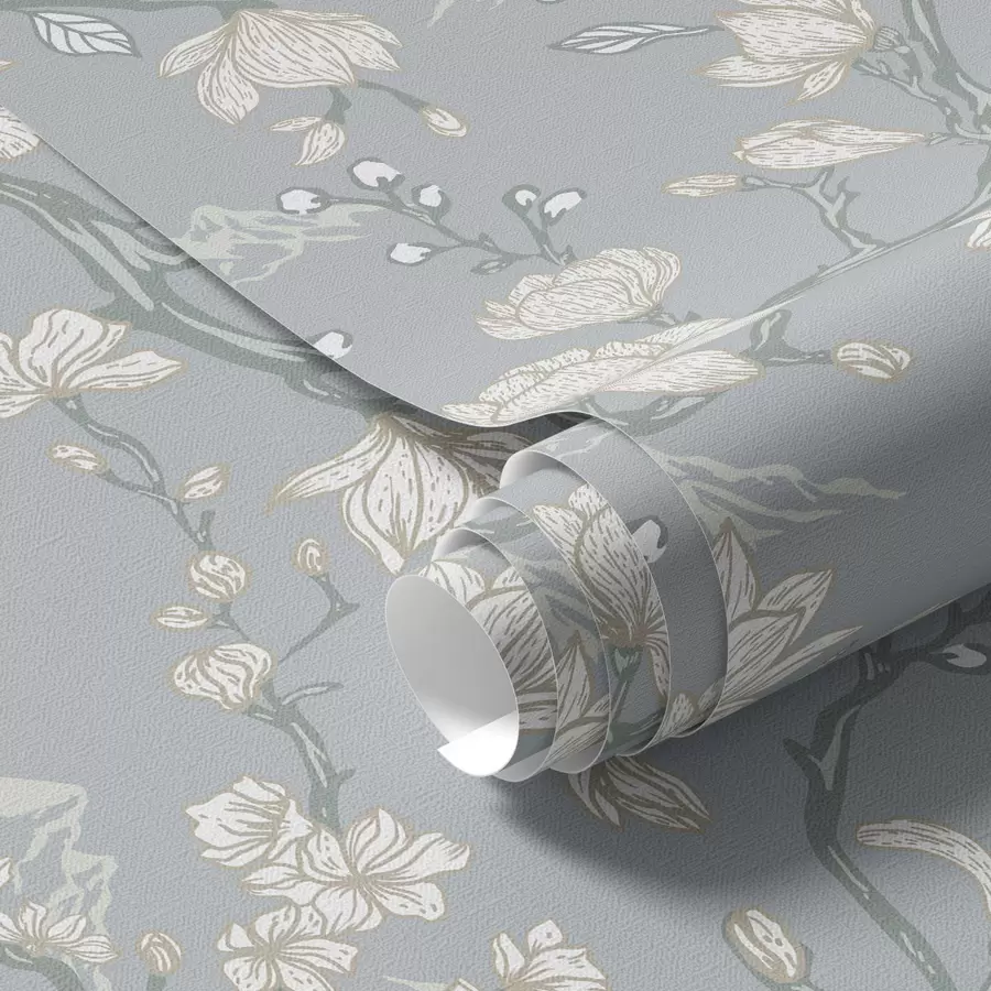 Fototapet Vita blommor på grenar och berg på en blå bakgrund a00021