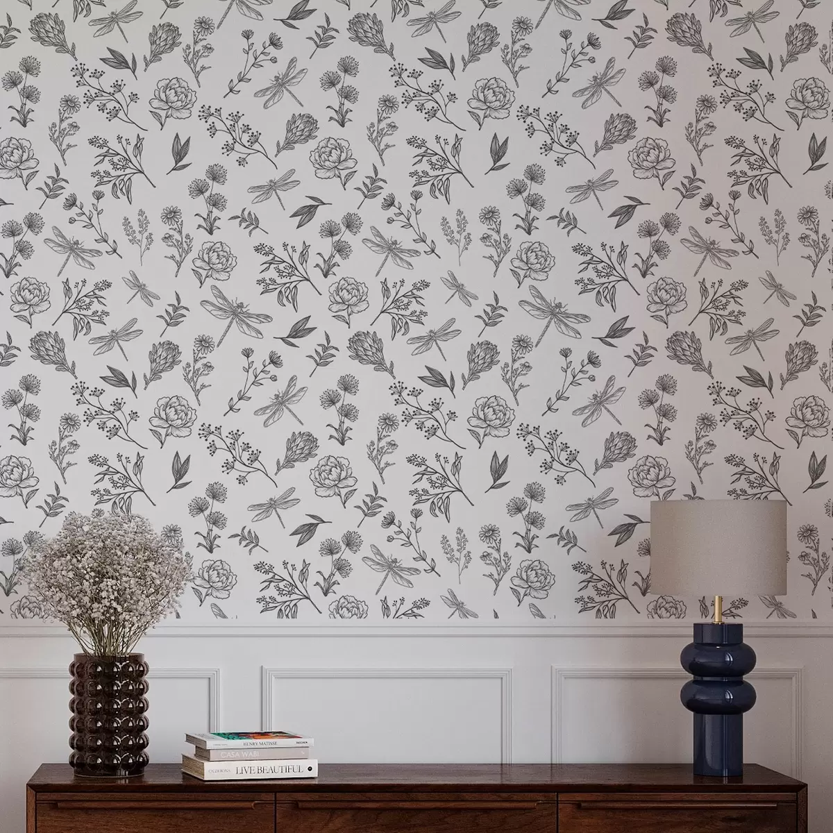 Bakgrund Blommor, blad och trollsländor på vit bakgrund a00025v1