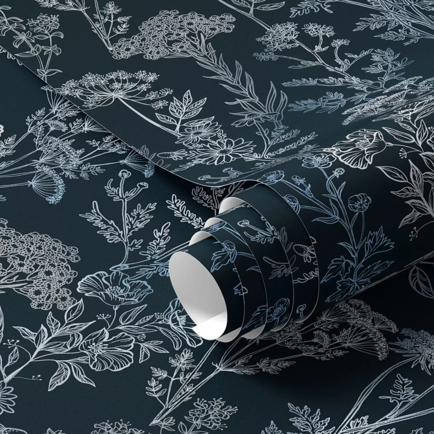 Fototapet Vita och blå växter på en mörk bakgrund a00029